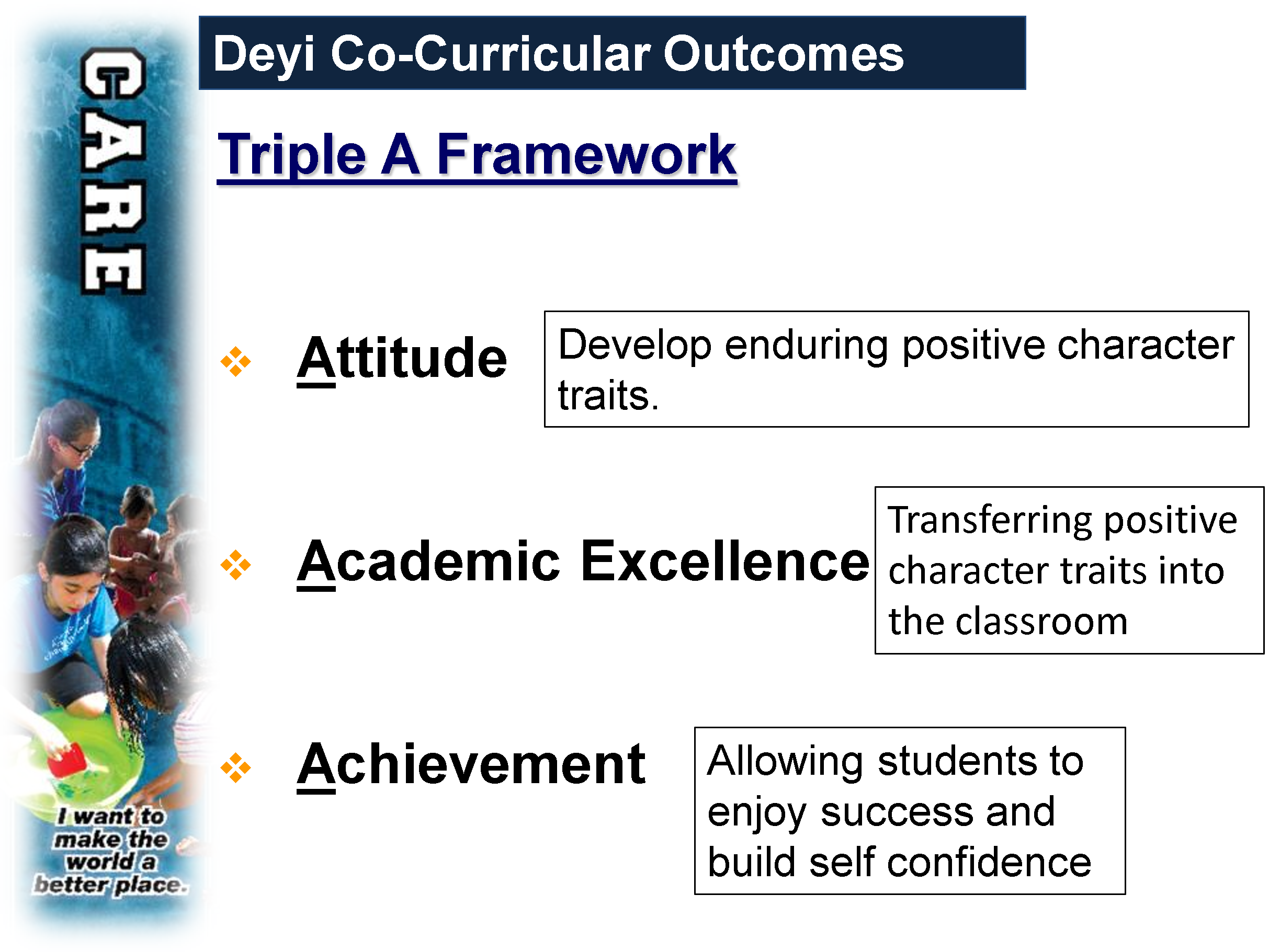 Slide titled Deyi Co-Curricular Outcomes showing the Triple A Framework: Attitude, Academic Excellence, and Achievement with descriptions.